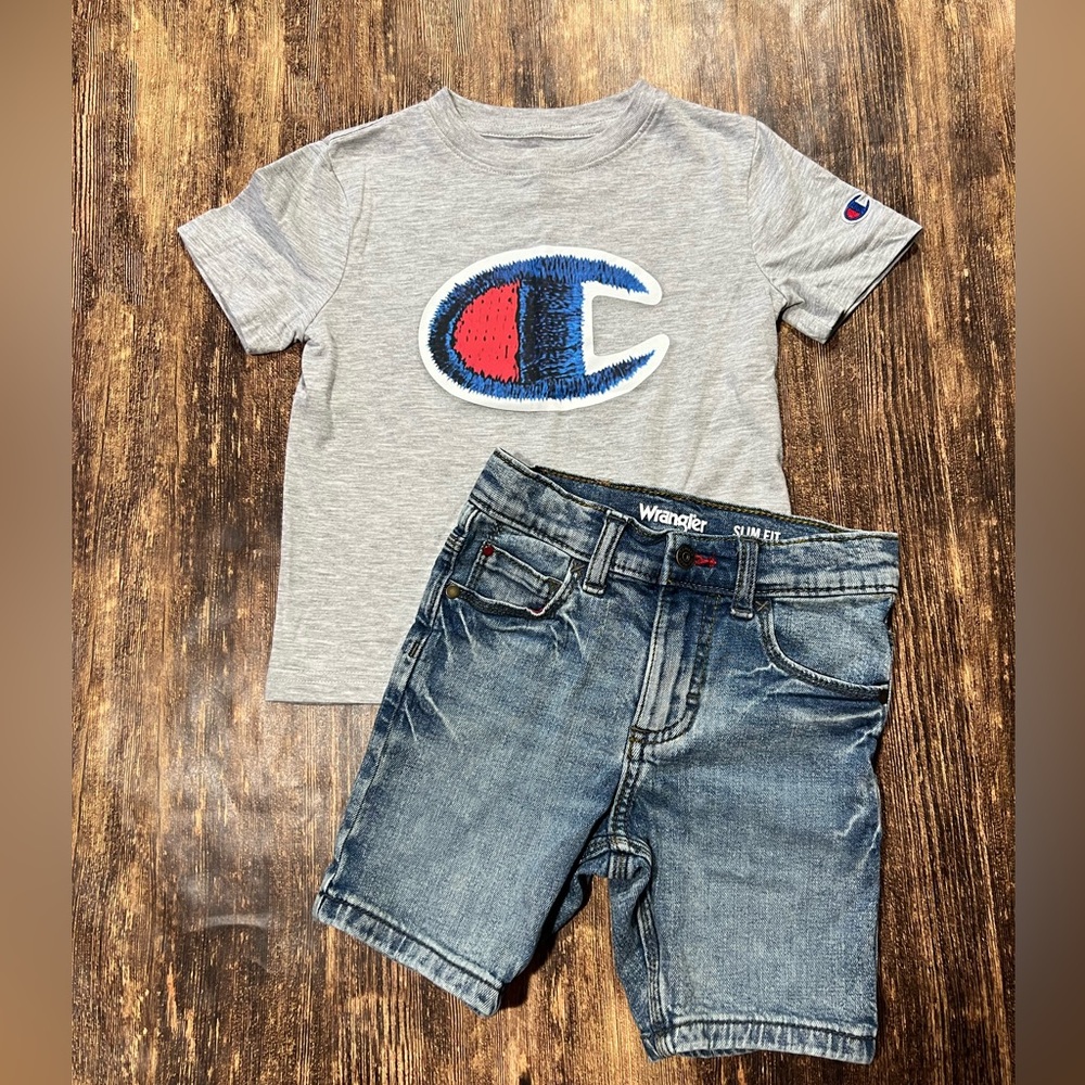 Champion Gray Tee with Wrangler Denim Shorts